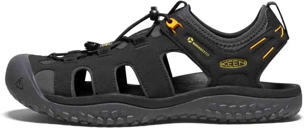 KEEN Men’s SOLR High Performance water shoe with recycled plastic webbing, KEEN Aqua grip for traction, and machine-washable design. Ideal for Sea, Ocean, Lake, and River adventures.