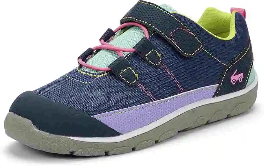 stylish hiking Shoes for kids, featuring lightweight recycled nylon, durable rubber toe cap, and adjustable hook-and-loop strap for breathability and traction.