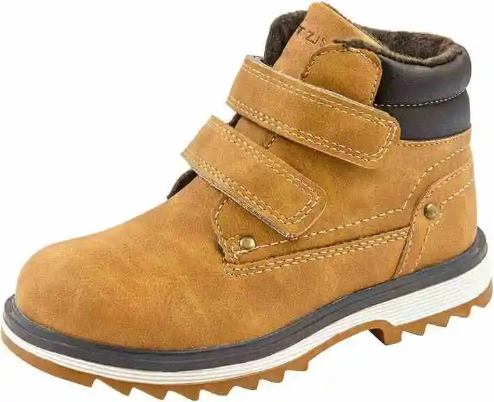 Children's brown high ankle hiking boots with two velcro straps, black collar, faux fur lining, and rugged rubber sole, making them perfect hiking boots good for walking.